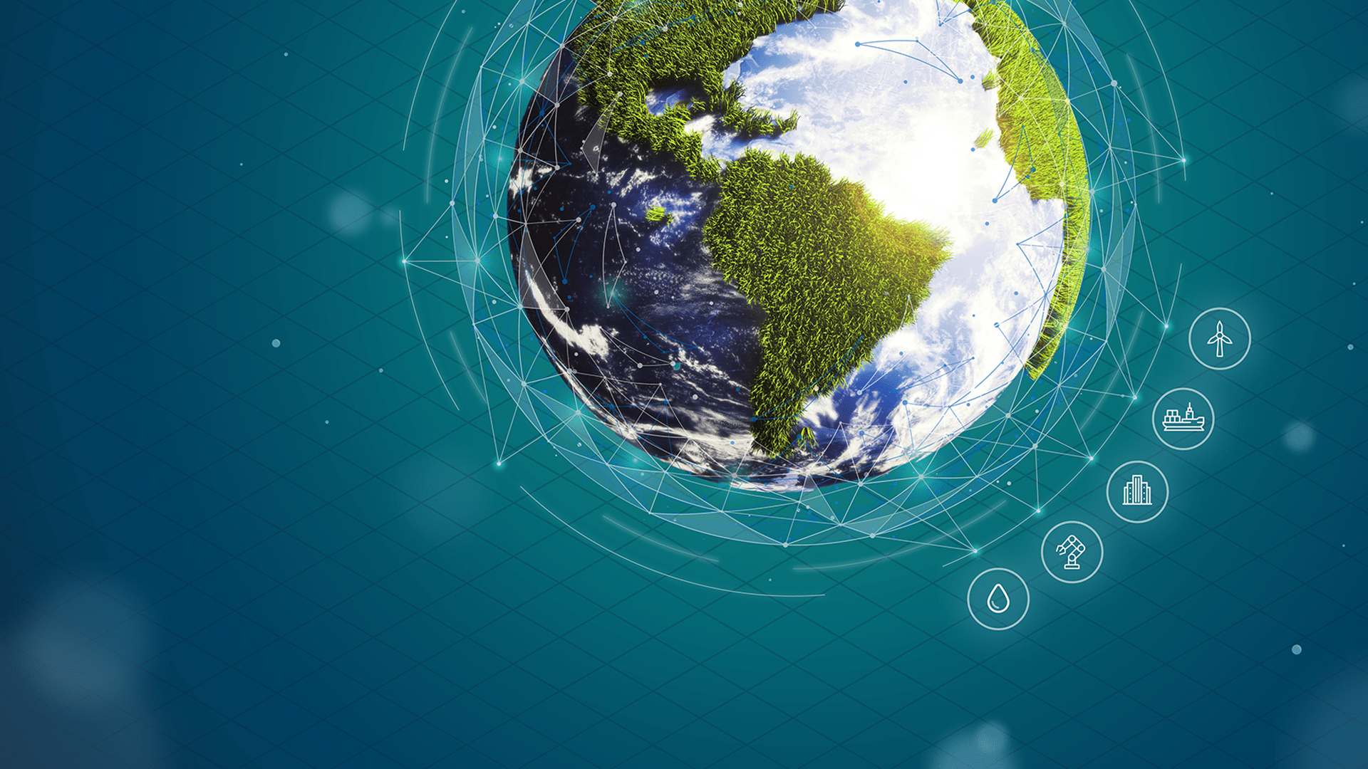 A globe with a digital layer surrounding its perimeter has five icons representing the markets Twinn works within, financial services, energy, industry, maritime and water technology.