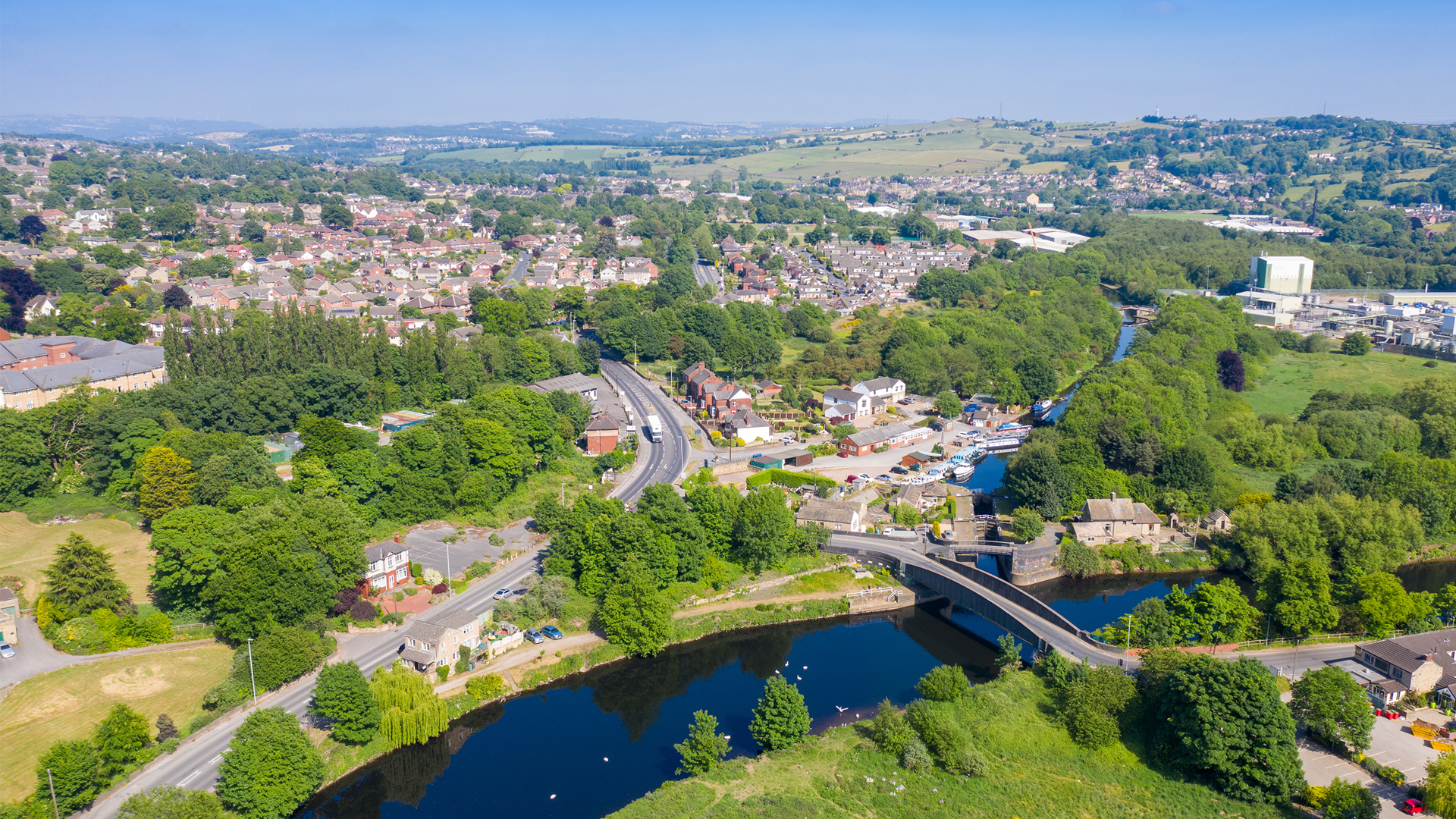 aerial view of a Yorkshire town by the river