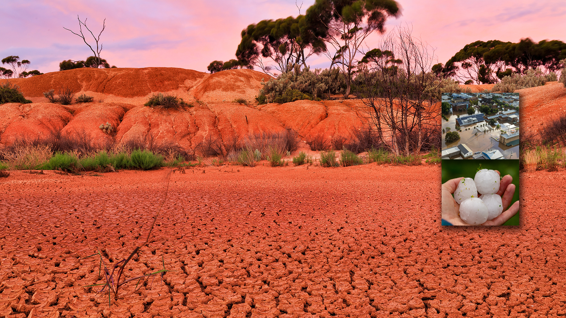 Examples of extreme natural hazards in Australia such as hail, heat stress and flooding.