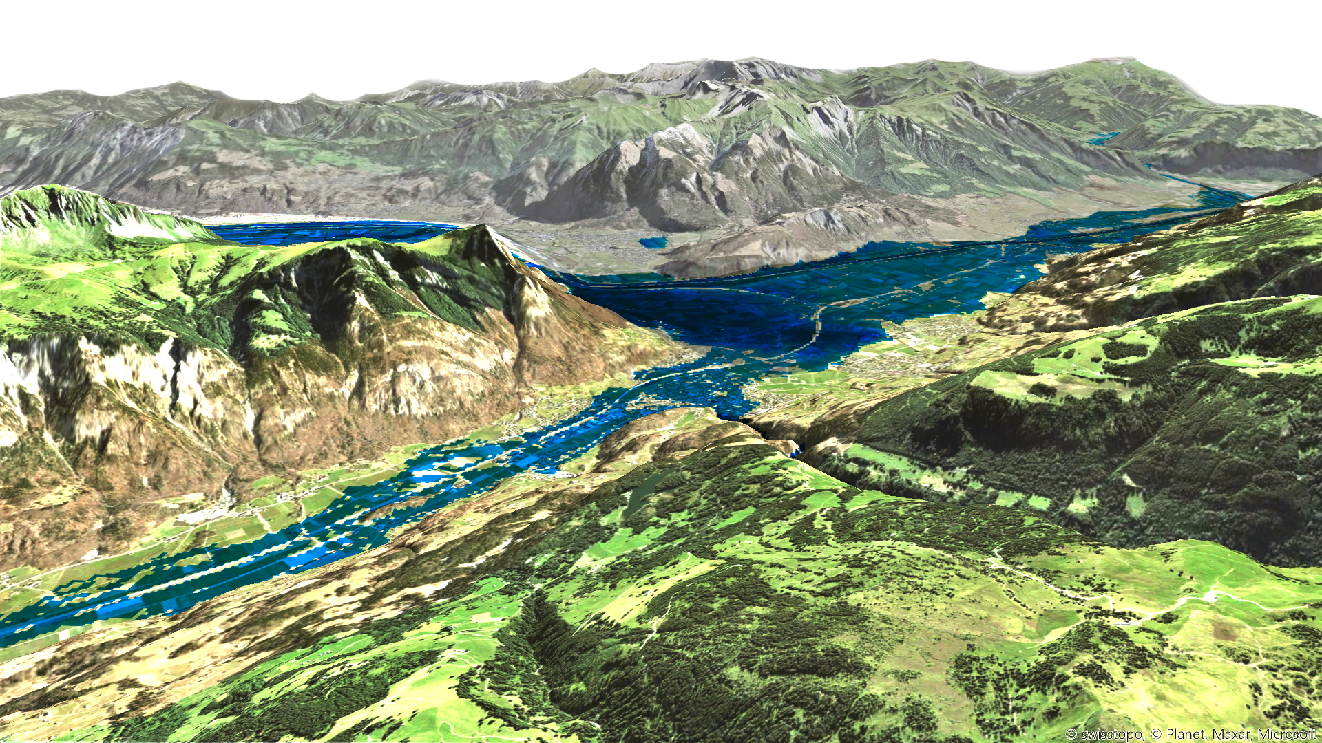 3D visualisation of flood risk in a mountainous region