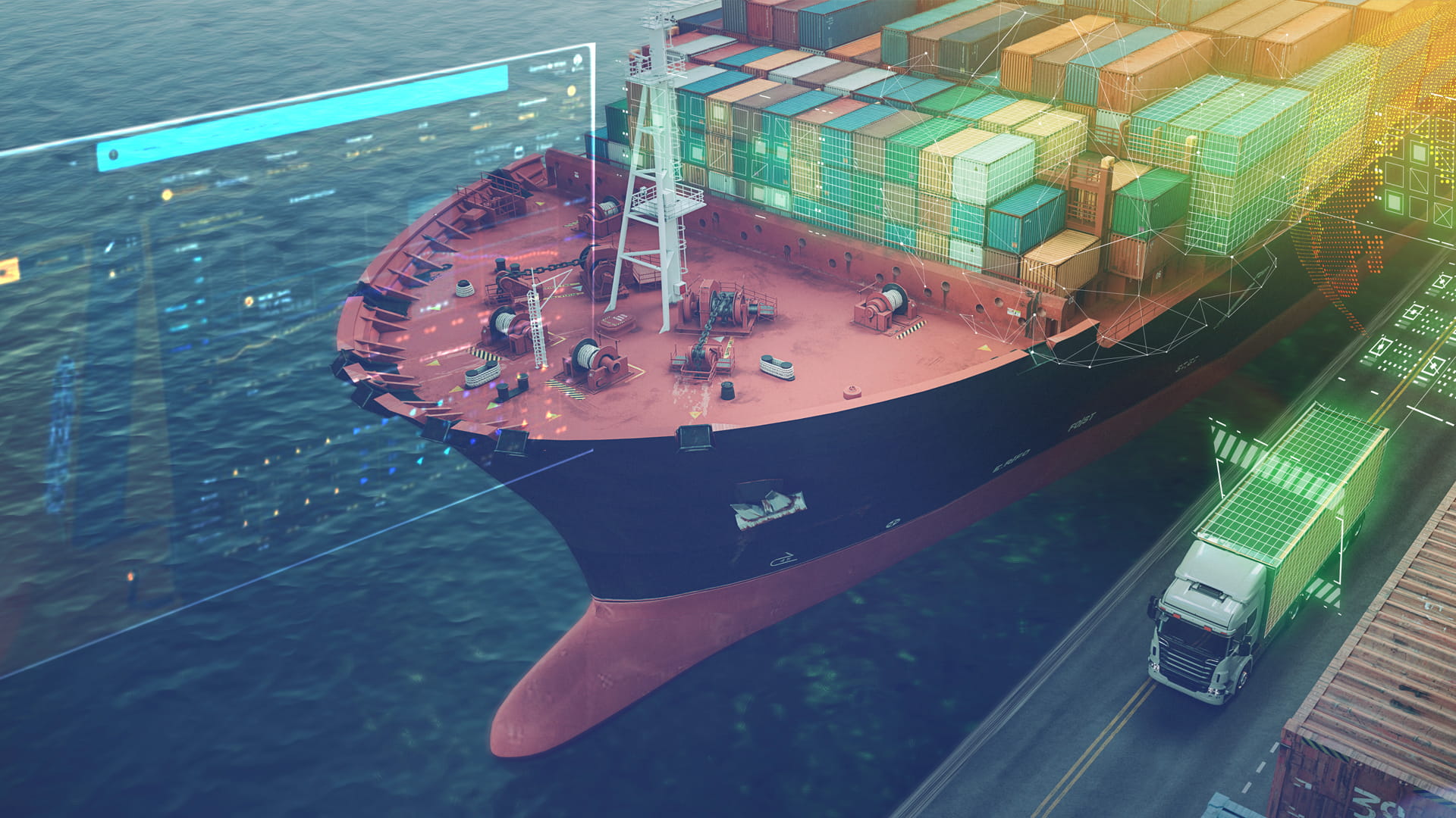 A cargo ship moored by the quayside, with a digital overlay of a dashboard for smart mooring software 