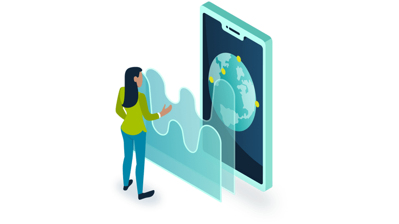 A graphic of a woman looking at a giant mobile device tablet